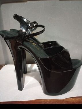 Ellie Black Patent Platform Sandals with Ankle Strap